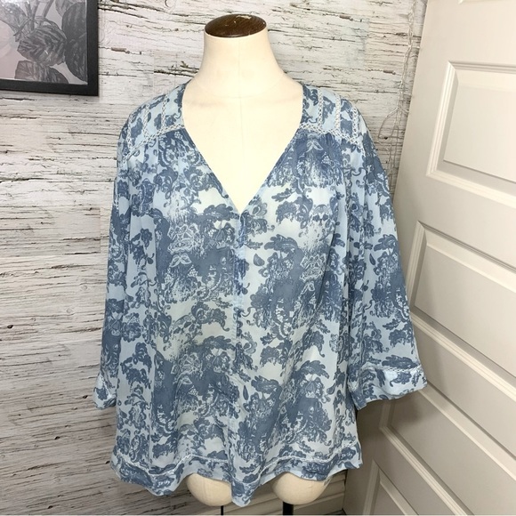 VINTAGE America Blues Boho Pullover Blouse Blue Paisley Floral Crochet Top Sz L - Picture 10 of 10
